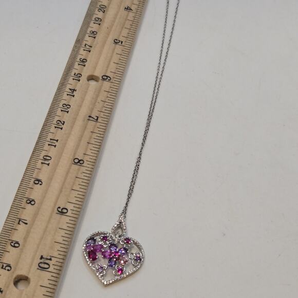 Sterling Silver 925 Multi Gemstone Amethyst & Ruby Heart Pendant Necklace 18" - Picture 6 of 7